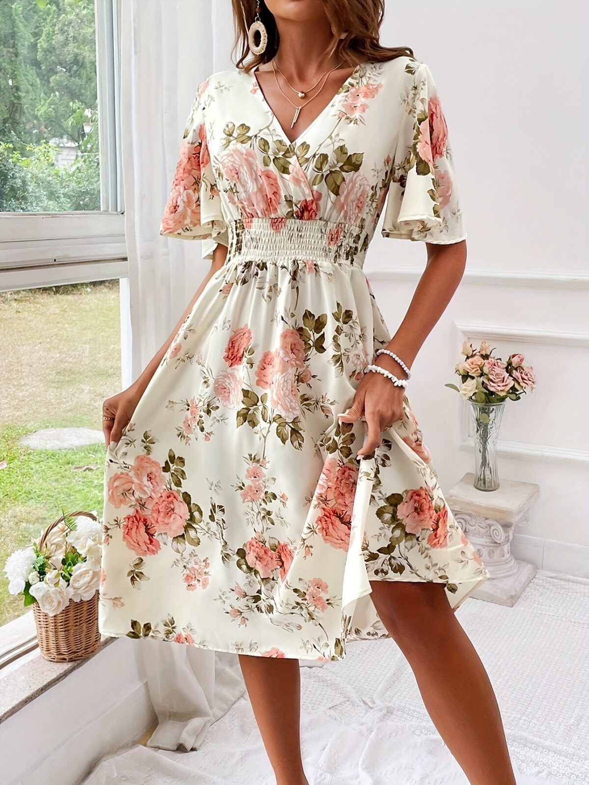 Ladies New Plant Flower Print Belt Smocking Dress - Image 5