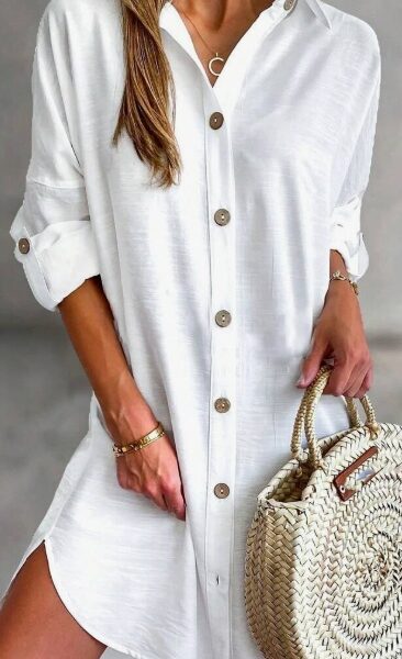 Women'S Simple Button-Down Casual Long Sleeved Shirt Dress Relaxing Resort Style Adjust Sleeve Length Shirt Dress