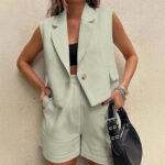 Leisure Commute Button Sleeveless Midriff-baring Vest Coat High Waist Shorts Two-piece Set - Image 4
