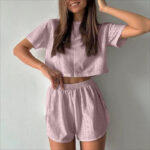 2pcs Casual Hollow Suit With Short-sleeved Crop Top And Elastic Slit Shorts Summer Fashion Sport Clothing For Women - Image 8