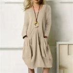 Women's Cotton Linen Loose Casual Solid Color Pocket Dress - Image 2