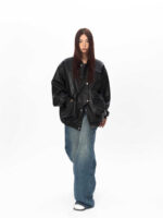 Three-dimensional Pocket Irregular Placket Leather Coat Loose Top - Image 3