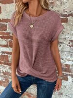 Short-sleeved Waffle T-shirt Summer New Solid Color Crew Neck Top For Womens Clothing - Image 9