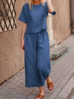 European And American Women's Linen Casual Loose Solid Color Suit Two-piece Women - Image 2