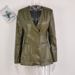 Fashionable Elegant Green V-neck Slim Suit Leather Coat - Image 6