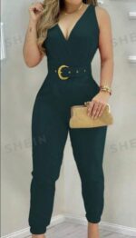 Women's Solid Color V-Neck Pleated Sleeveless Jumpsuit For Daily & Office Wear, Summer - Image 3