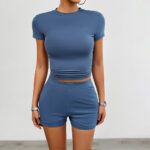 Solid Color Slim Sports Suit Summer 2Pcs Short-sleeved Round Neck T-shirt And Elastic Shorts Fashion Womens Clothing - Image 6