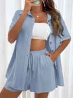 Women's Fashion Shorts Two Pieces Solid Color Shirt Suit - Image 6