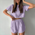 2pcs Casual Hollow Suit With Short-sleeved Crop Top And Elastic Slit Shorts Summer Fashion Sport Clothing For Women - Image 9