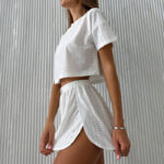 2pcs Casual Hollow Suit With Short-sleeved Crop Top And Elastic Slit Shorts Summer Fashion Sport Clothing For Women - Image 2