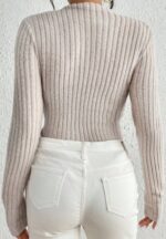 Women's Ribbed Mock Neck Knit Jumpsuit Long Sleeve Slim Casual Jumpsuit, High Neck Ribbed Knit Long Sleeve Women's Bodysuit For Spring And Autumn, Versatile Casual Jumpsuit. - Image 2
