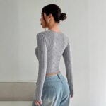 Women's Sunken Stripe Brushed T-shirt Short Midriff-baring Top - Image 2