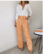 Women's Casual Long-sleeved Lapel Shirt Printed Wide-leg Pants Suit - Image 5