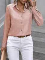 Women's Casual Single-breasted Solid Color Color Matching Long Sleeve Lapel Shirt - Image 9