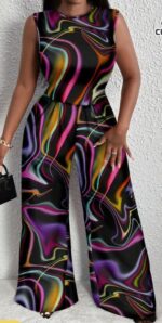 Casual Geometric Pattern Plus Size Jumpsuit With Sleeveless Top, Summer - Image 2