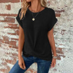 Short-sleeved Waffle T-shirt Summer New Solid Color Crew Neck Top For Womens Clothing - Image 5