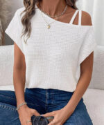Women's Short-sleeved Solid Color Top Fashionable All-match Off-shoulder Knitted T-shirt - Image 10