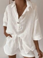 Summer Solid Color Off Shoulder Loose Women's Shirt And Shorts Casual Set - Image 6