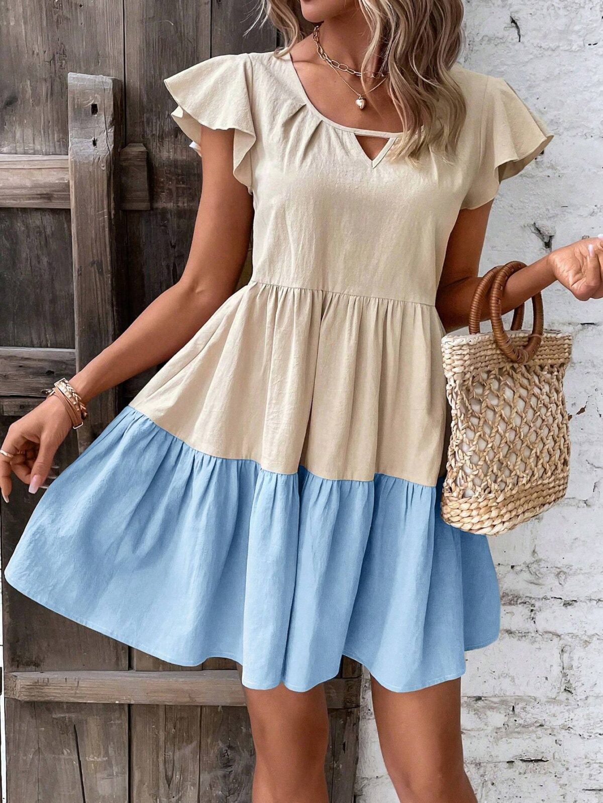 Colorblock Keyhole Neckline Ruffle Hem Smock Dress - Image 2