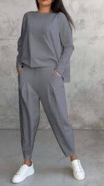 Women's Irregular Suit Long-sleeved Round Neck Top And Loose Harem Pants With Pockets Ins Fashion Trousers Set Women's Clothing - Image 5