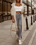 Ladies Hooded Solid Color Mid-length Knitwear Fashion Casual Pocket Long Sleeve Trench Coat - Image 9