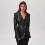 Fashionable Elegant Green V-neck Slim Suit Leather Coat - Image 4