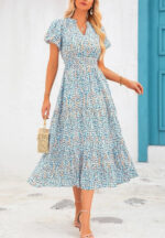 Women's V-neck Bubble Pleated Print Short Sleeve Dress - Image 2