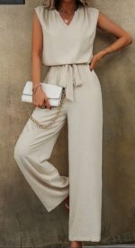 Women Solid Color Sleeveless Top With Notch Neckline And Belted Long Pants Set - Image 2