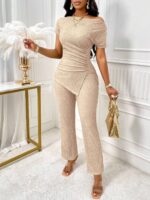 Neck Split Hem Ruched Top & Flare Leg Pants - Image 4
