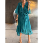 Batwing Sleeve V-neck Dress Summer Pure Color Tied Irregular Long Dresses Womens Clothing - Image 10