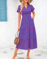Women's V-neck Bubble Pleated Print Short Sleeve Dress - Image 6