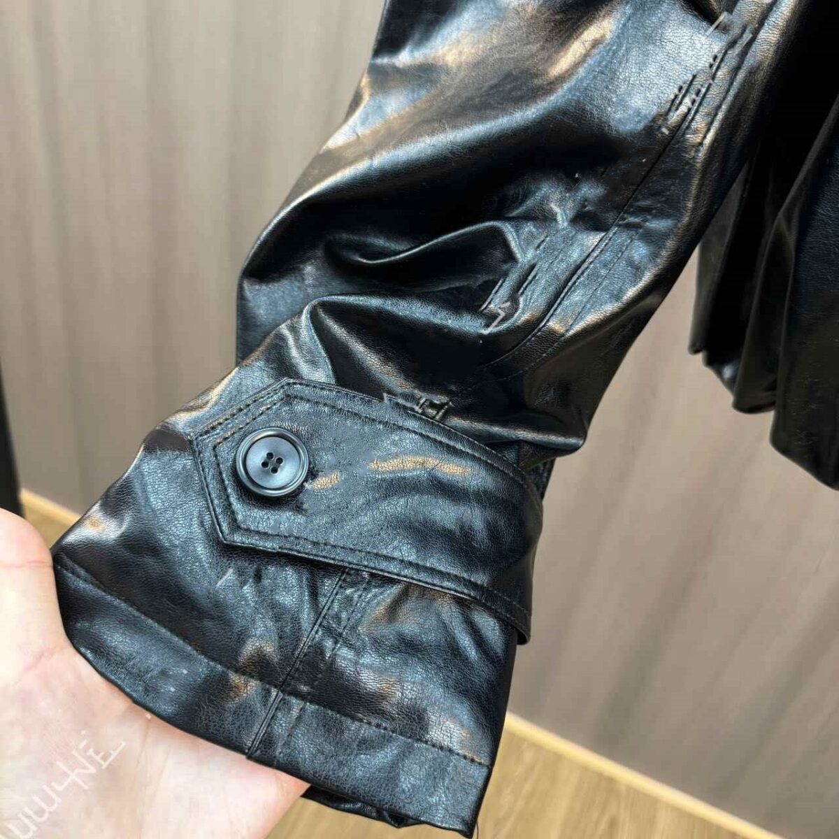 Cuffed Zipper Collar Button PU Leather Jacket Cotton Padded Jacket - Image 3