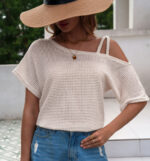 Women's Short-sleeved Solid Color Top Fashionable All-match Off-shoulder Knitted T-shirt - Image 3