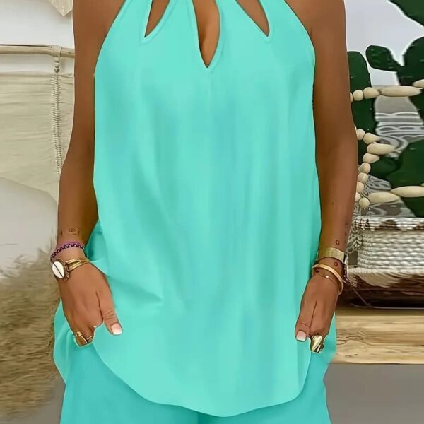 Solid Color Casual Shorts Suit, Ring Detail Cut-out Front Halter Top And Elasticated Waist Shorts