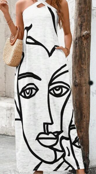 Women Summer Casual Vacation V-Neck Straight Dress, With Side Pockets, Stripes And Face Print Pattern