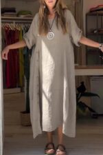 Loose Casual Solid Color Short Sleeve Cotton And Linen Dress - Image 8