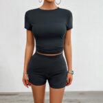 Solid Color Slim Sports Suit Summer 2Pcs Short-sleeved Round Neck T-shirt And Elastic Shorts Fashion Womens Clothing - Image 5