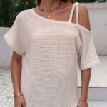 Women's Short-sleeved Solid Color Top Fashionable All-match Off-shoulder Knitted T-shirt - Image 5