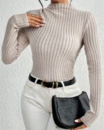 Women's Ribbed Mock Neck Knit Jumpsuit Long Sleeve Slim Casual Jumpsuit, High Neck Ribbed Knit Long Sleeve Women's Bodysuit For Spring And Autumn, Versatile Casual Jumpsuit. - Image 3