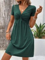 Color Cotton Short Sleeve V-neck Design Chest Twist Waist Dress - Image 7