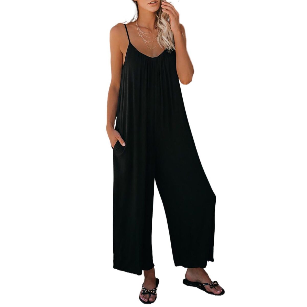 Women's Fashion Solid Color Pocket Loose Casual Sling Jumpsuit - Image 4