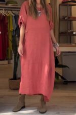 Loose Casual Solid Color Short Sleeve Cotton And Linen Dress - Image 9