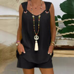 Elegant Solid Color Sleeveless Casual Top Shorts Suit - Image 3