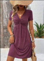 Color Cotton Short Sleeve V-neck Design Chest Twist Waist Dress - Image 9