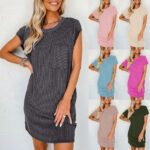 Striped Short Sleeve Pocket Dress Women - Image 2