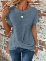 Short-sleeved Waffle T-shirt Summer New Solid Color Crew Neck Top For Womens Clothing - Image 10