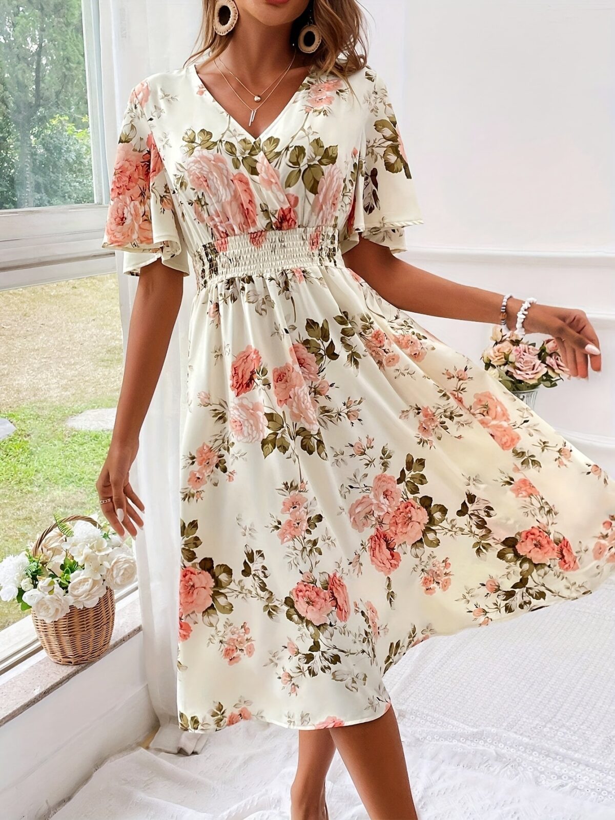 Ladies New Plant Flower Print Belt Smocking Dress - Image 3