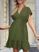 Womens Summer Dresses Short Sleeve V Neck Drawstring Casual Flowy Ruffle A-Line Swing Mini Babydoll Tunic Dress - Image 3
