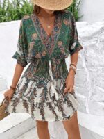 Paisley Print Batwing Sleeve Tassel Tie Front Ruffle Hem Dress - Image 3