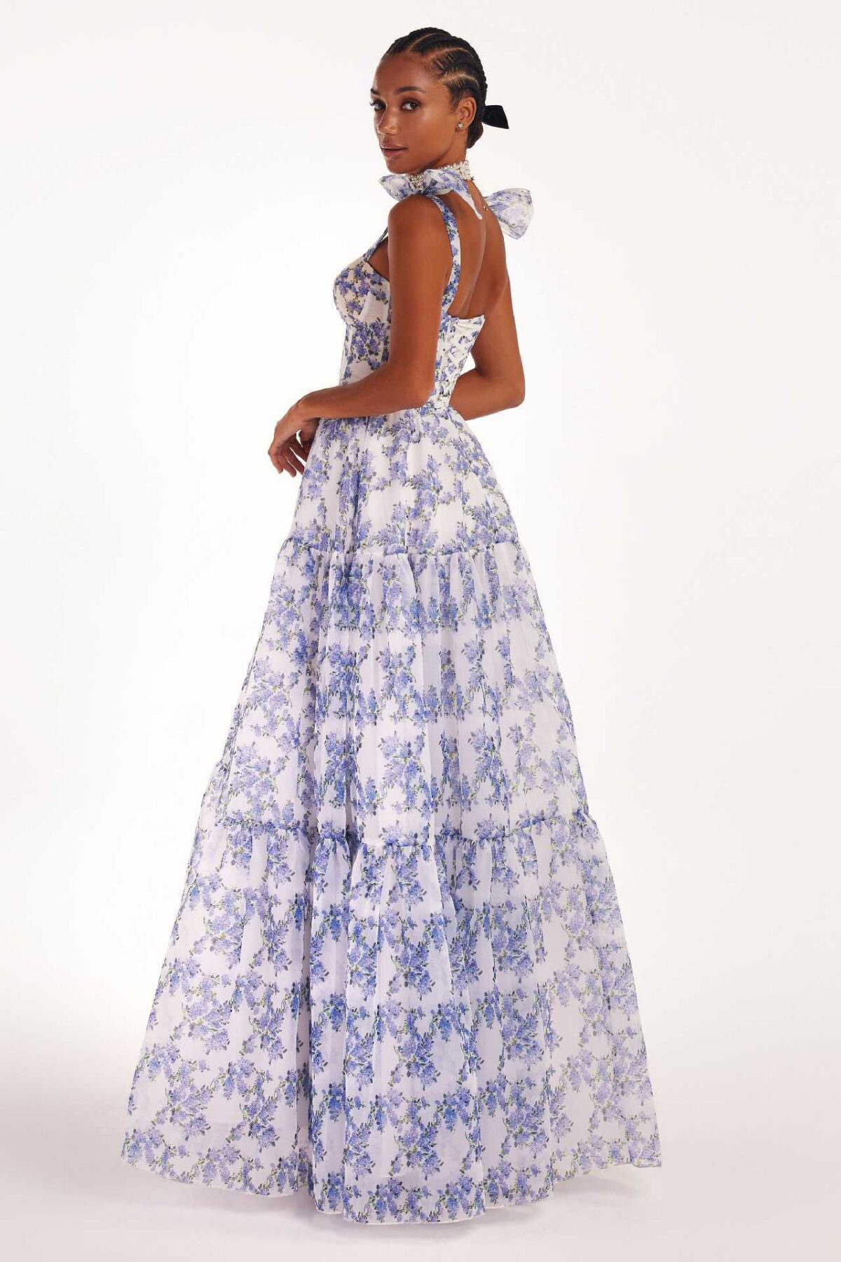 Floral Off-the-shoulder Strap Lace-up Large Swing Skirt Organza Dress - Image 10
